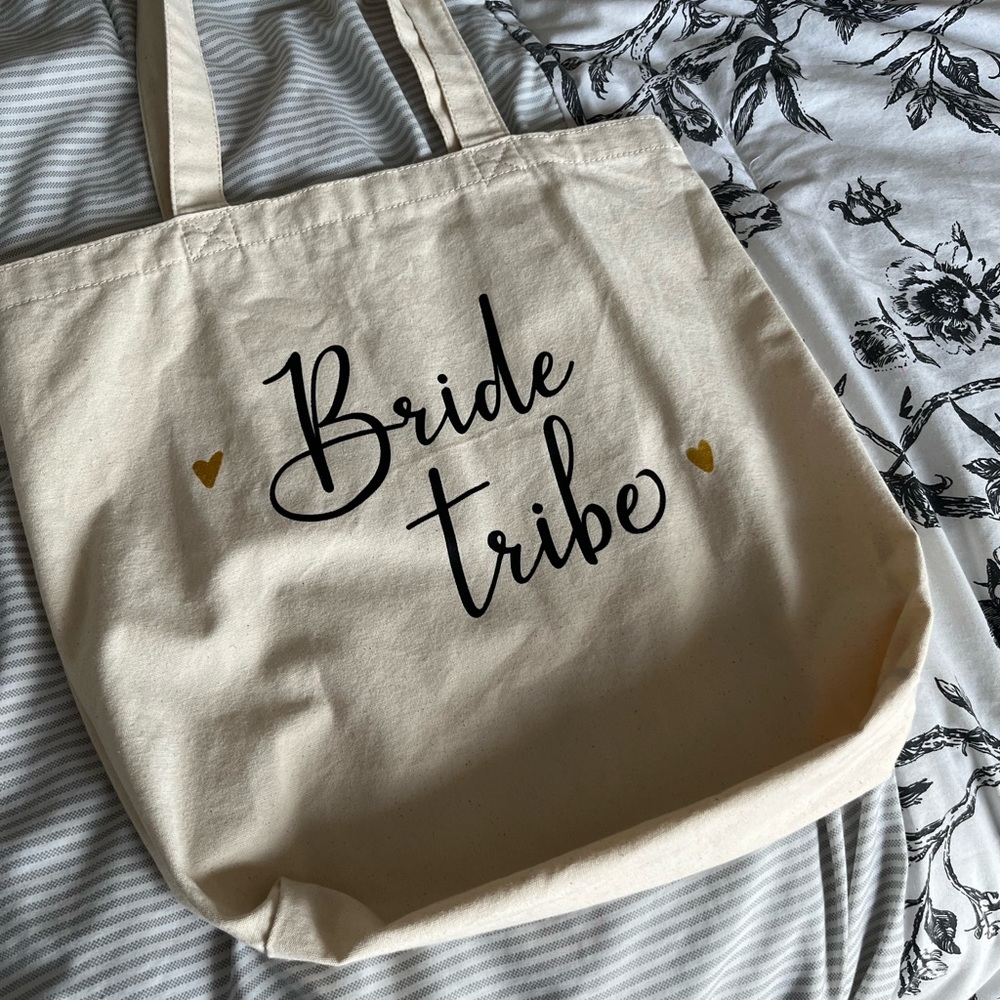 Cute Caraknots Tote Bag with “BRIDE TRIBE” text!